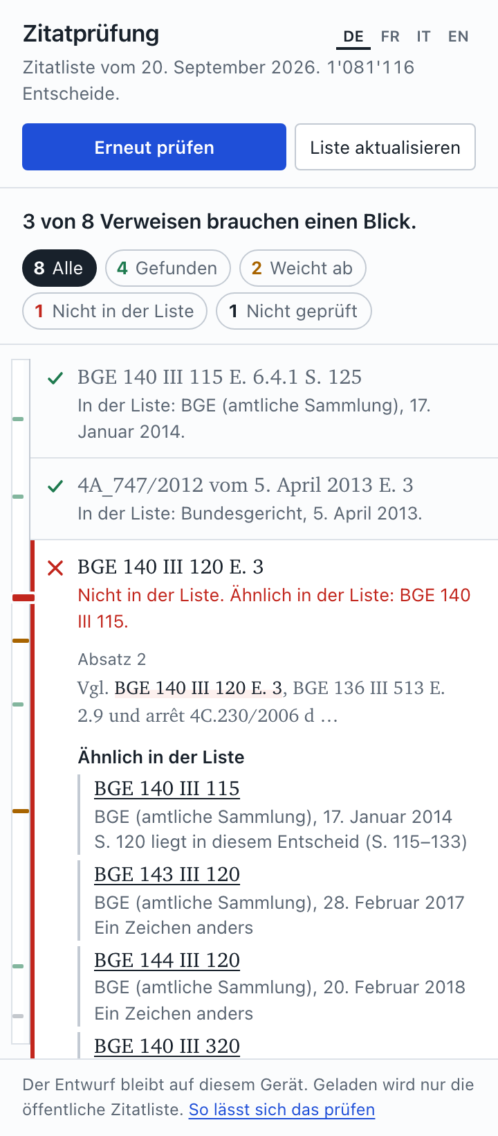 Das Fenster nach einer Prüfung: Zusammenfassung, Filter, eine Zeile pro Verweis.